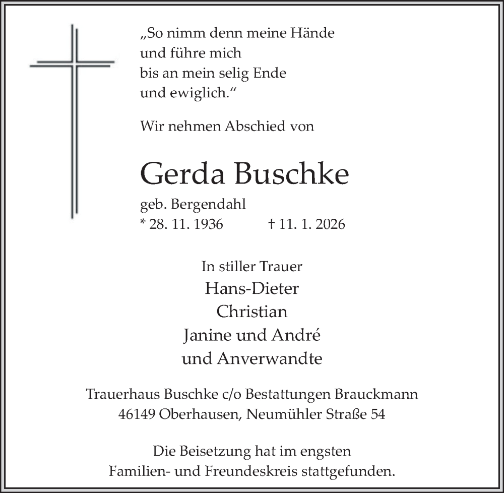  Traueranzeige für Gerda Buschke vom 21.01.2026 aus Tageszeitung