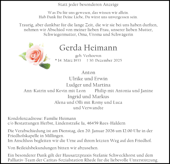 Traueranzeige von Gerda Heimann von Tageszeitung