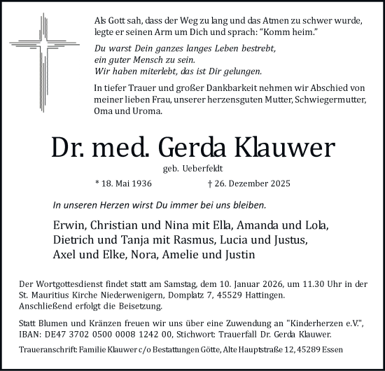 Traueranzeige von Gerda Klauwer von Tageszeitung
