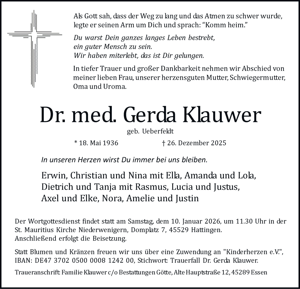  Traueranzeige für Gerda Klauwer vom 07.01.2026 aus Tageszeitung