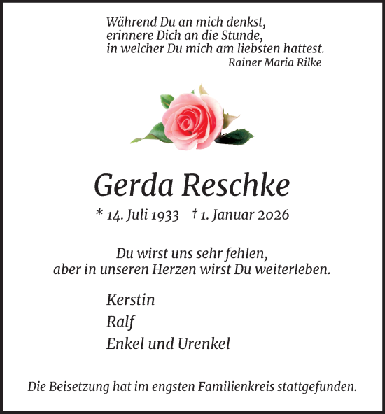 Traueranzeige von Gerda Reschke von Tageszeitung