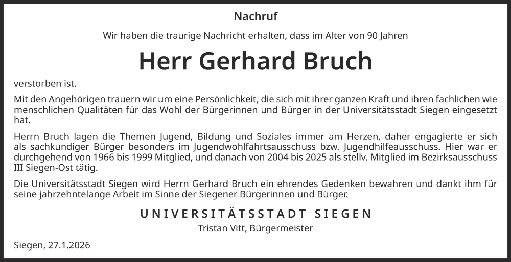  Traueranzeige für Gerhard Bruch vom 30.01.2026 aus Tageszeitung