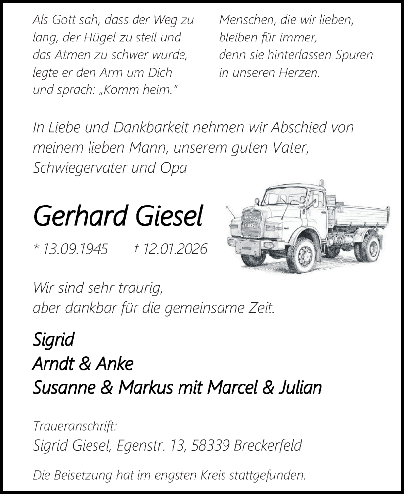  Traueranzeige für Gerhard Giesel vom 24.01.2026 aus Tageszeitung