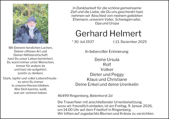 Traueranzeige von Gerhard Helmert von Tageszeitung