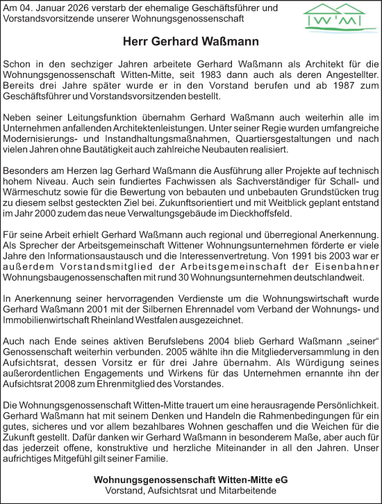 Traueranzeige von Gerhard Waßmann von Tageszeitung