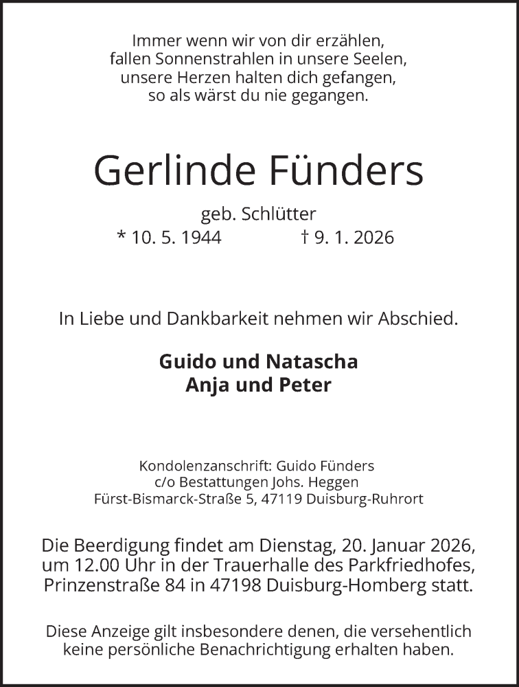  Traueranzeige für Gerlinde Fünders vom 17.01.2026 aus Tageszeitung