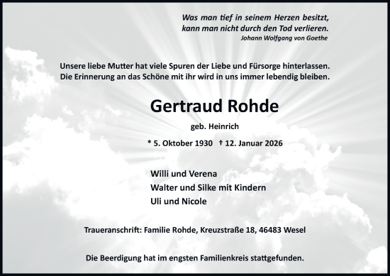 Traueranzeige von Gertraud Rohde von Tageszeitung