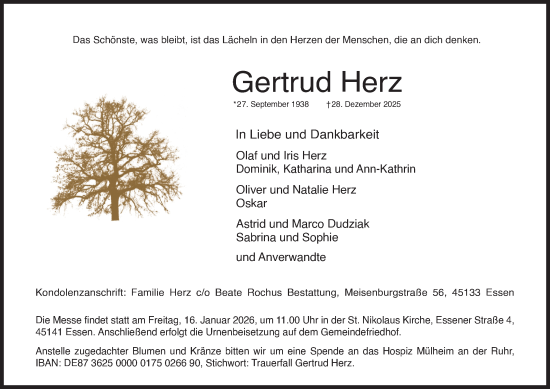 Traueranzeige von Gertrud Herz von Tageszeitung