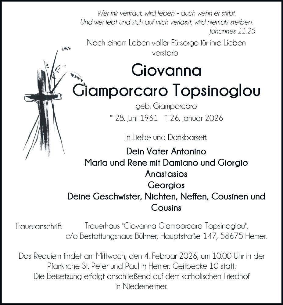  Traueranzeige für Giovanna Giamporcaro Topsinoglou vom 31.01.2026 aus Tageszeitung