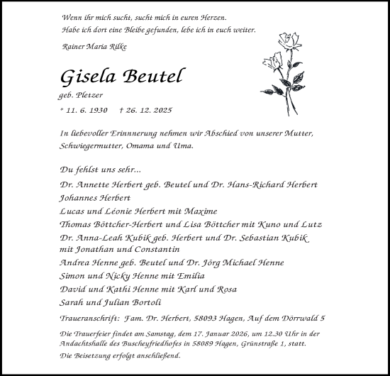 Traueranzeige von Gisela Beutel von Tageszeitung