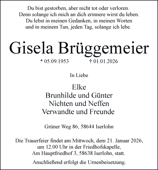 Traueranzeige von Gisela Brüggemeier von Tageszeitung