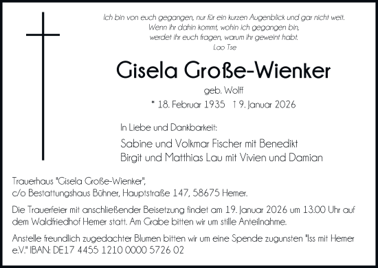 Traueranzeige von Gisela Große-Wienker von Tageszeitung