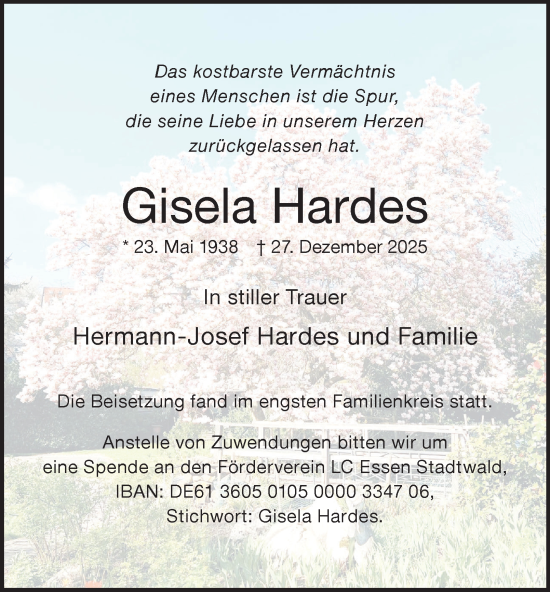 Traueranzeige von Gisela Hardes von Tageszeitung