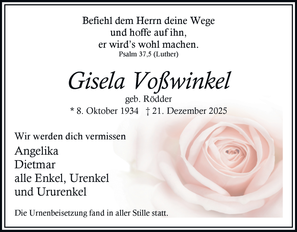  Traueranzeige für Gisela Voßwinkel vom 31.01.2026 aus Tageszeitung