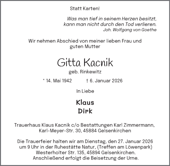 Traueranzeige von Gitta Kacnik von Tageszeitung