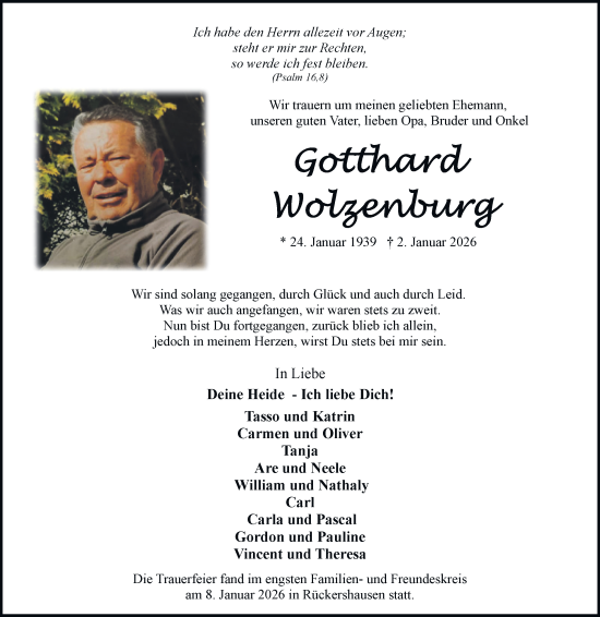 Traueranzeige von Gotthard Wolzenburg von Tageszeitung