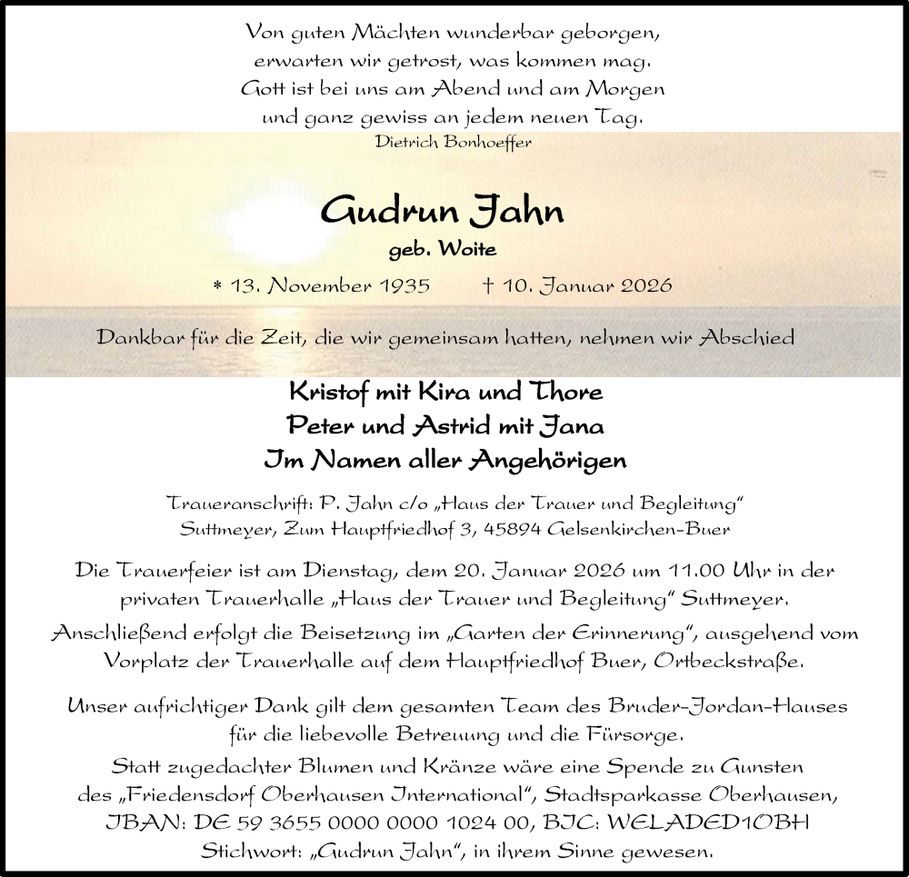  Traueranzeige für Gudrun Jahn vom 17.01.2026 aus Tageszeitung