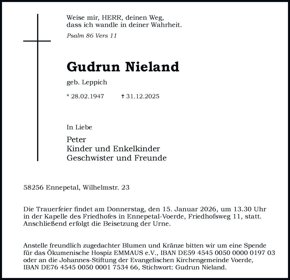  Traueranzeige für Gudrun Nieland vom 10.01.2026 aus Tageszeitung