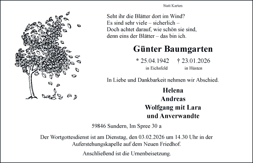  Traueranzeige für Günter Baumgarten vom 31.01.2026 aus Tageszeitung