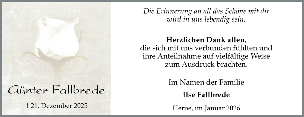  Traueranzeige für Günter Fallbrede vom 31.01.2026 aus Tageszeitung