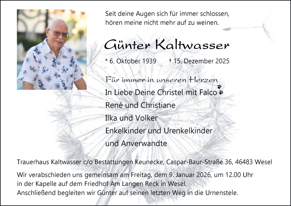 Traueranzeige für Günter Kaltwasser vom 03.01.2026 aus Tageszeitung