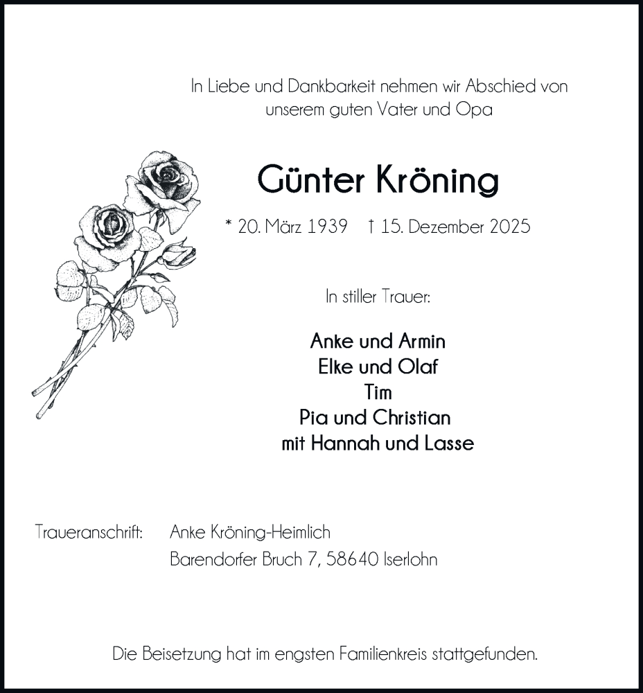  Traueranzeige für Günter Kröning vom 10.01.2026 aus Tageszeitung