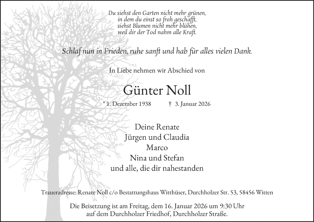  Traueranzeige für Günter Noll vom 10.01.2026 aus Tageszeitung