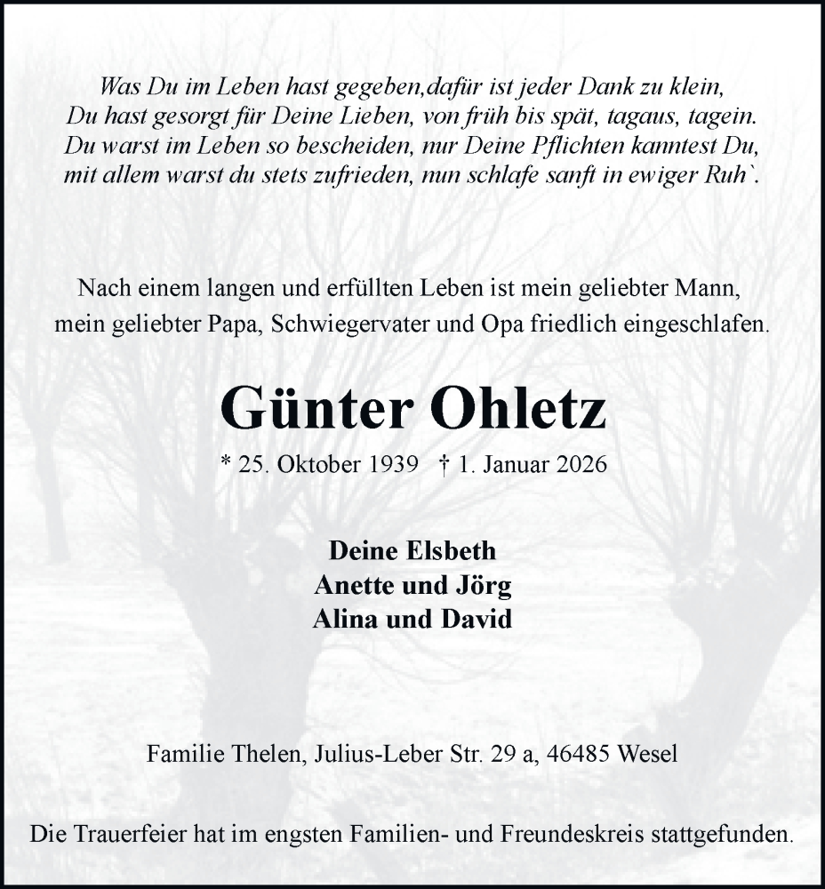  Traueranzeige für Günter Ohletz vom 10.01.2026 aus Tageszeitung