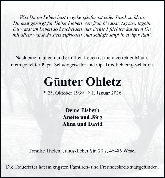 Traueranzeige von Günter Ohletz von Tageszeitung