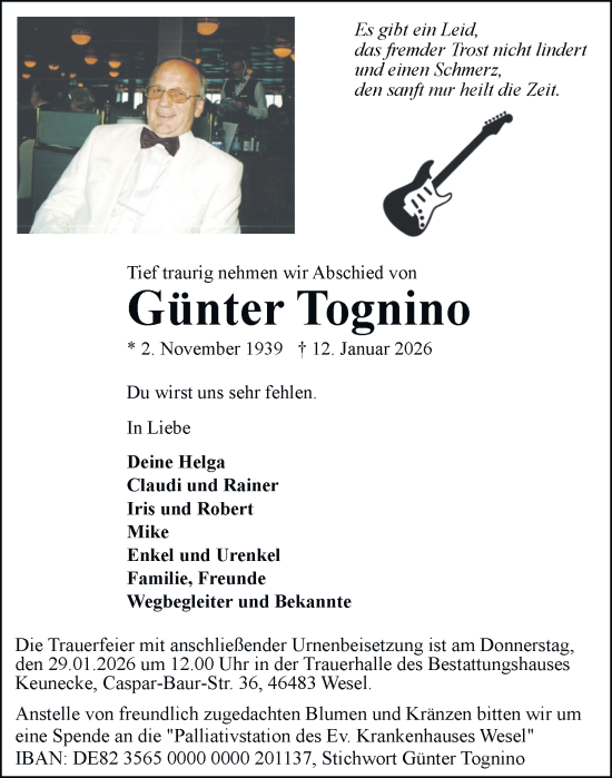 Traueranzeige von Günter Tognino von Tageszeitung