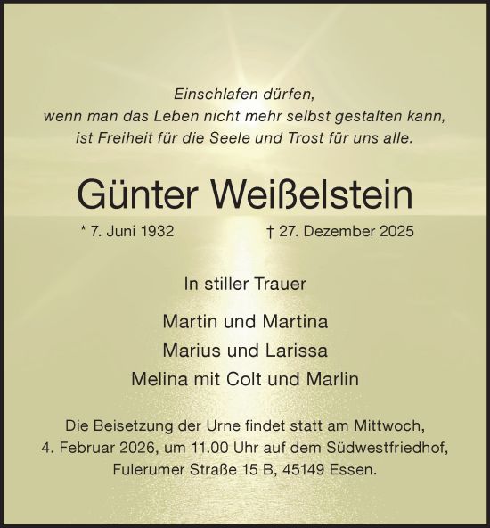 Traueranzeige von Günter Weißelstein von Tageszeitung