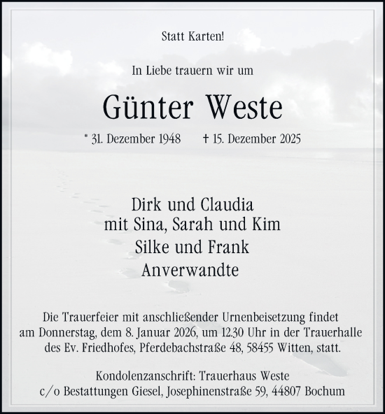 Traueranzeige von Günter Weste von Tageszeitung