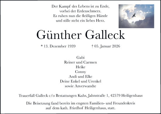 Traueranzeige von Günther Galleck von Tageszeitung