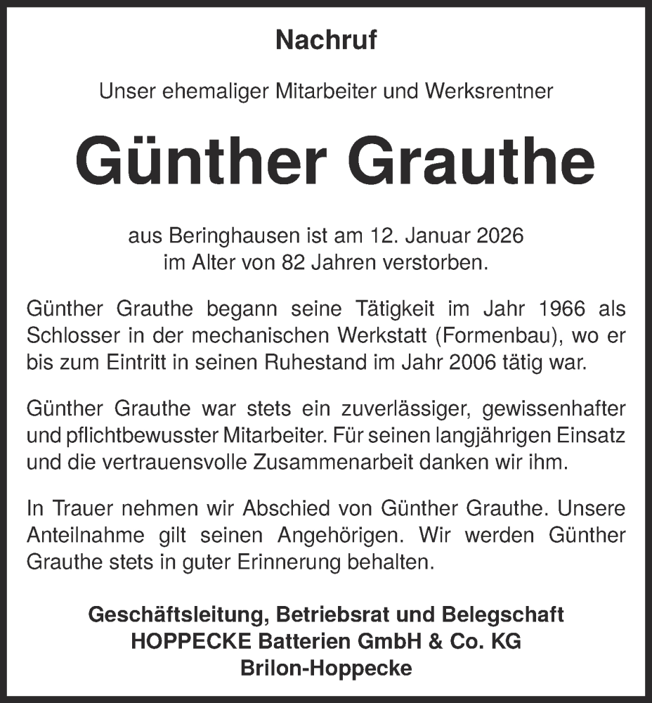  Traueranzeige für Günther Grauthe vom 21.01.2026 aus Tageszeitung