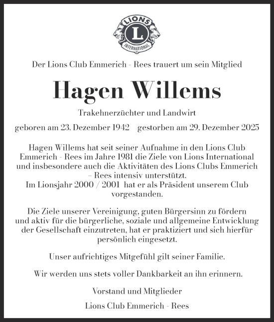 Traueranzeige von Hagen Willems von Tageszeitung