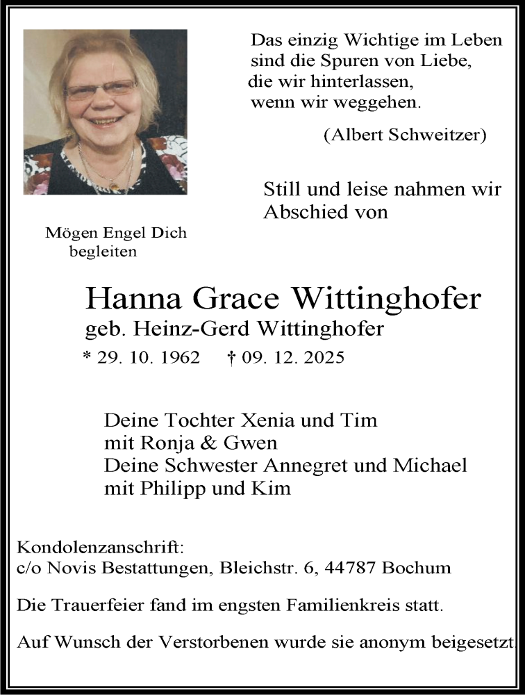  Traueranzeige für Hanna Grace Wittinghofer vom 10.01.2026 aus Tageszeitung