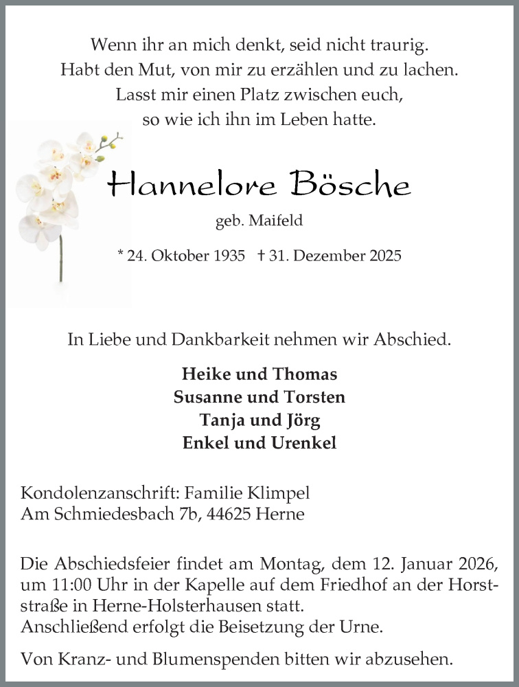  Traueranzeige für Hannelore Bösche vom 08.01.2026 aus Tageszeitung