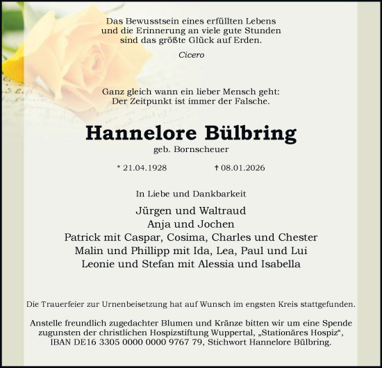 Traueranzeige von Hannelore Bülbring von Tageszeitung