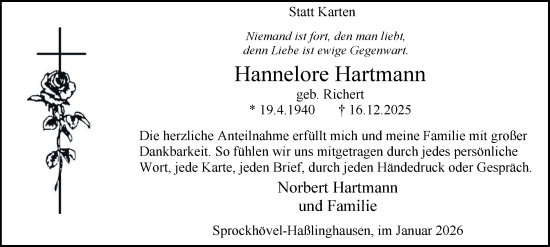 Traueranzeige von Hannelore Hartmann von Tageszeitung