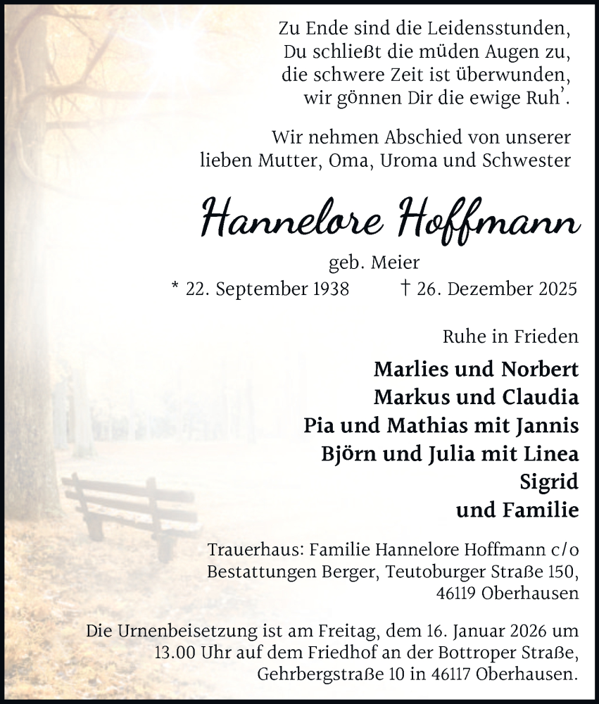  Traueranzeige für Hannelore Hoffmann vom 10.01.2026 aus Tageszeitung