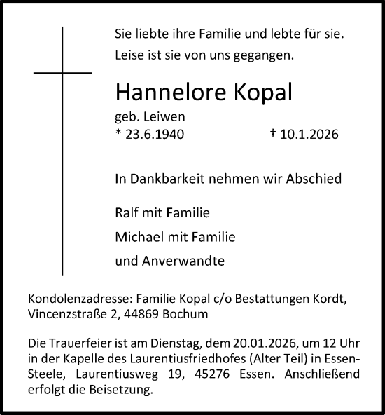 Traueranzeige von Hannelore Kopal von Tageszeitung