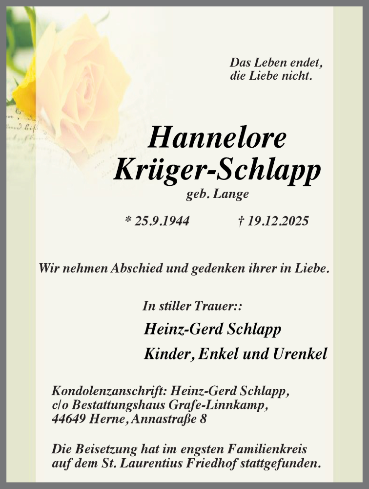  Traueranzeige für Hannelore Krüger-Schlapp vom 10.01.2026 aus Tageszeitung
