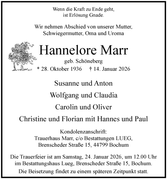 Traueranzeige von Hannelore Marr von Tageszeitung