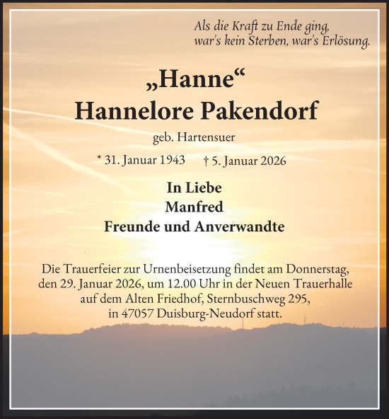 Traueranzeige von Hannelore Pakendorf von Tageszeitung