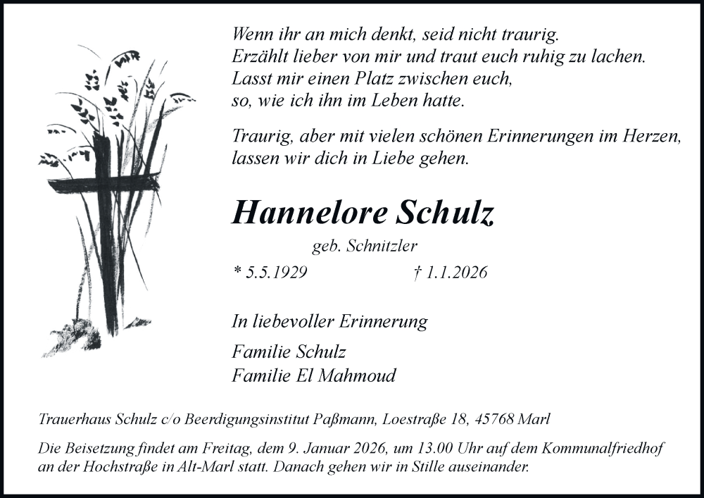 Traueranzeige für Hannelore Schulz vom 07.01.2026 aus Tageszeitung