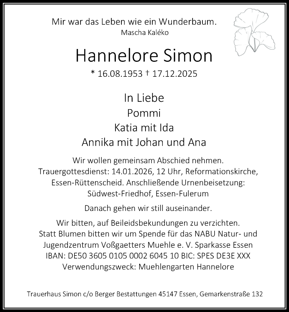  Traueranzeige für Hannelore Simon vom 10.01.2026 aus Tageszeitung