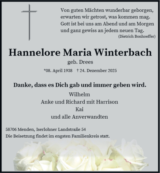 Traueranzeige von Hannelore Maria Winterbach von Tageszeitung