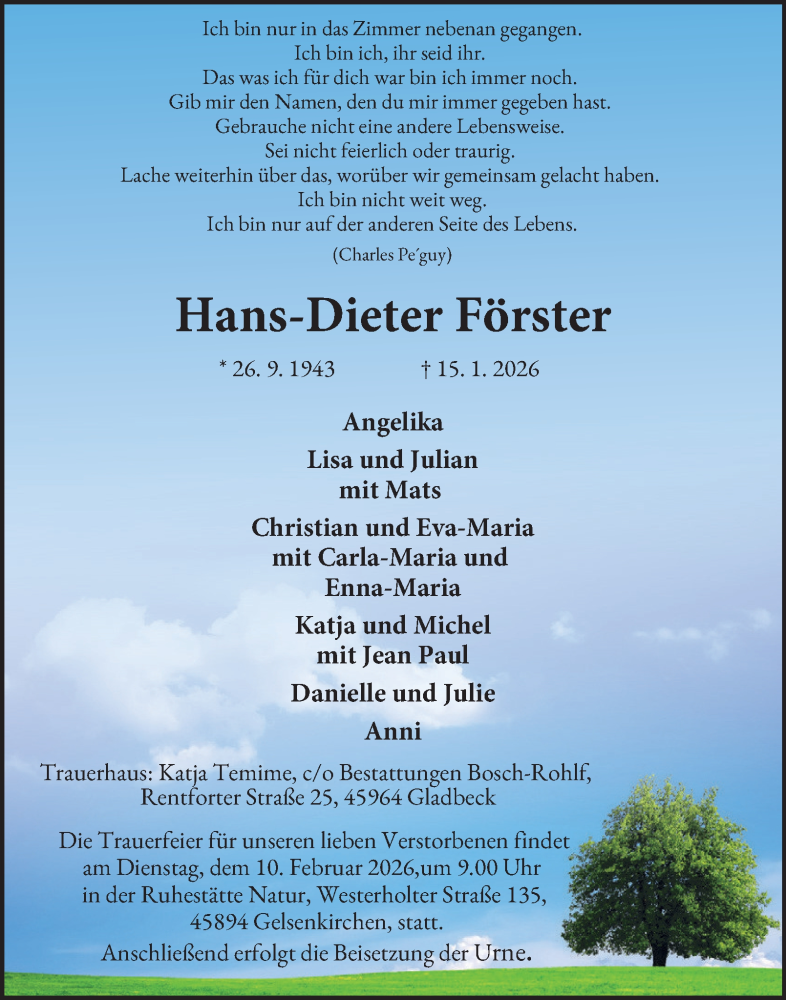  Traueranzeige für Hans-Dieter Förster vom 31.01.2026 aus Tageszeitung