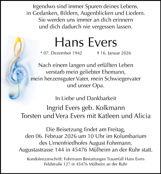 Traueranzeige von Hans Evers von Tageszeitung