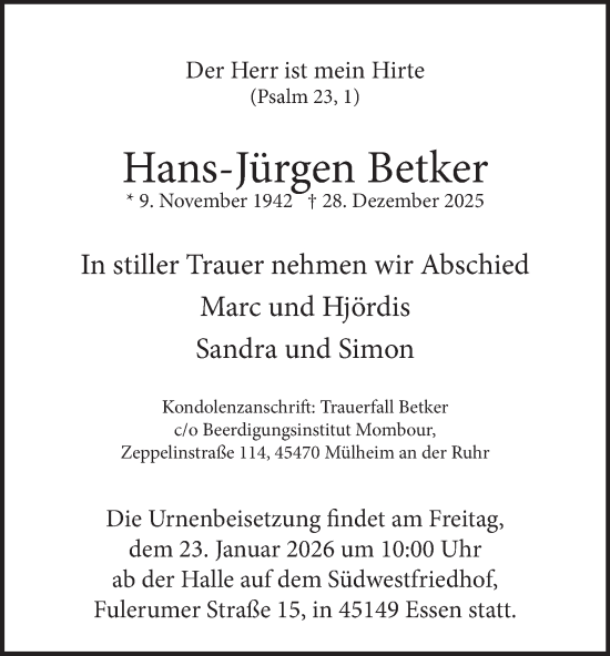 Traueranzeige von Hans-Jürgen Betker von Tageszeitung